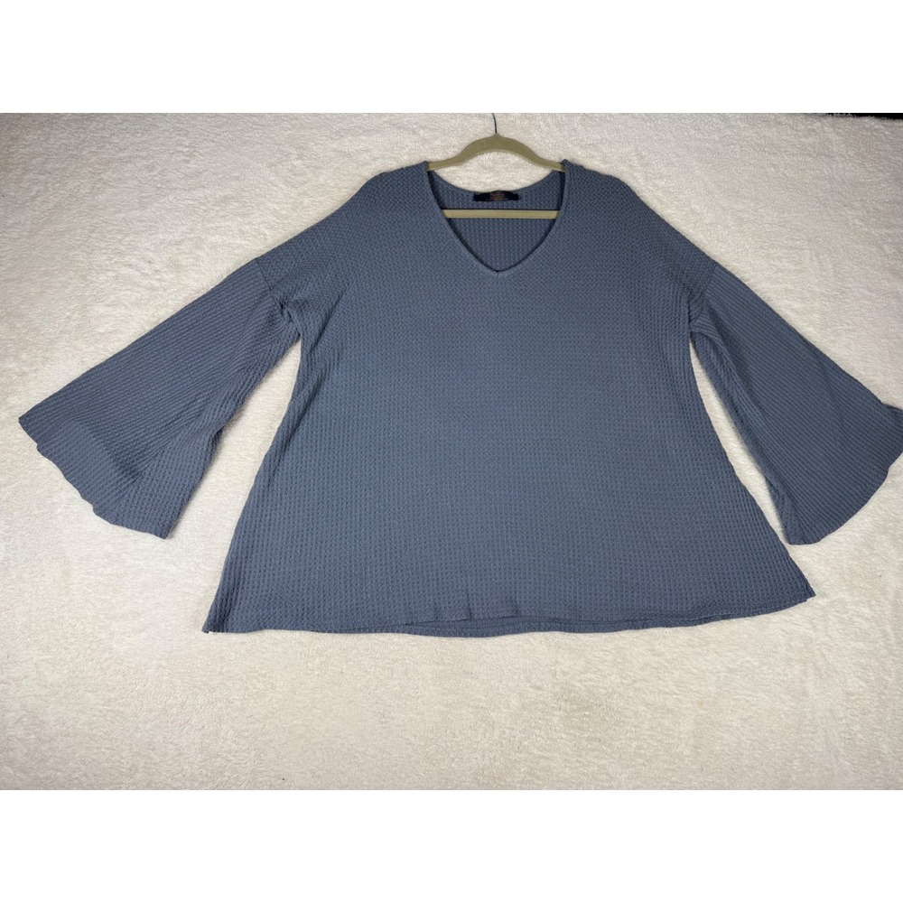 Madeline Waffle Knit Top Womens OS‎ Blue Excellent Bell Sleeve Relaxed Boho Chic